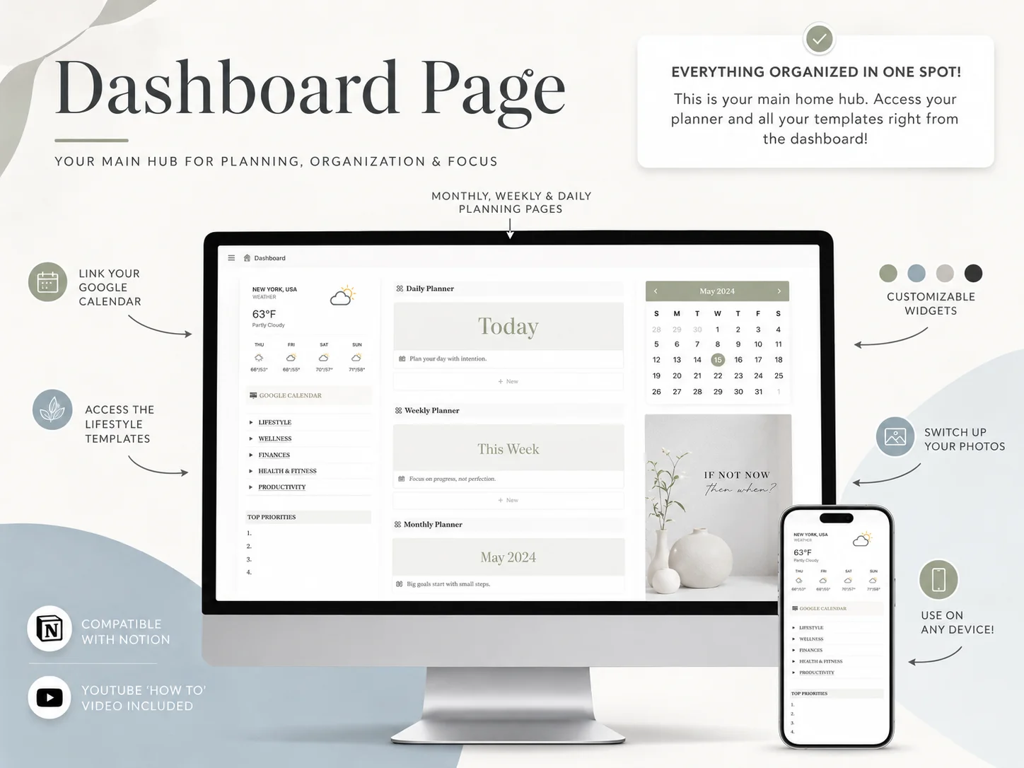 Ultimate Notion Planner dashboard with calendar and planning pages, showing one way a personal workspace can be organized