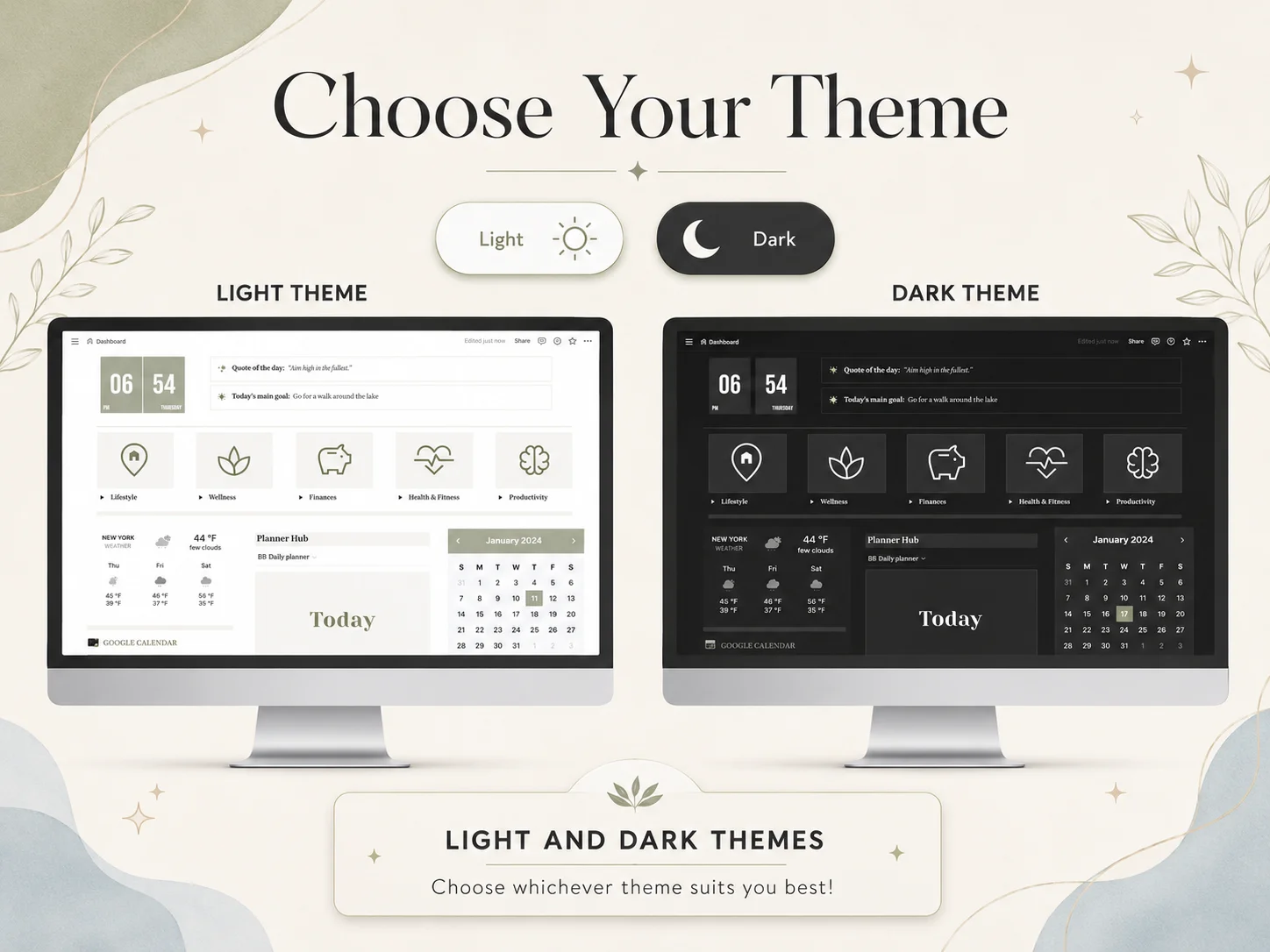 Light and dark versions of the Ultimate Notion Planner dashboard