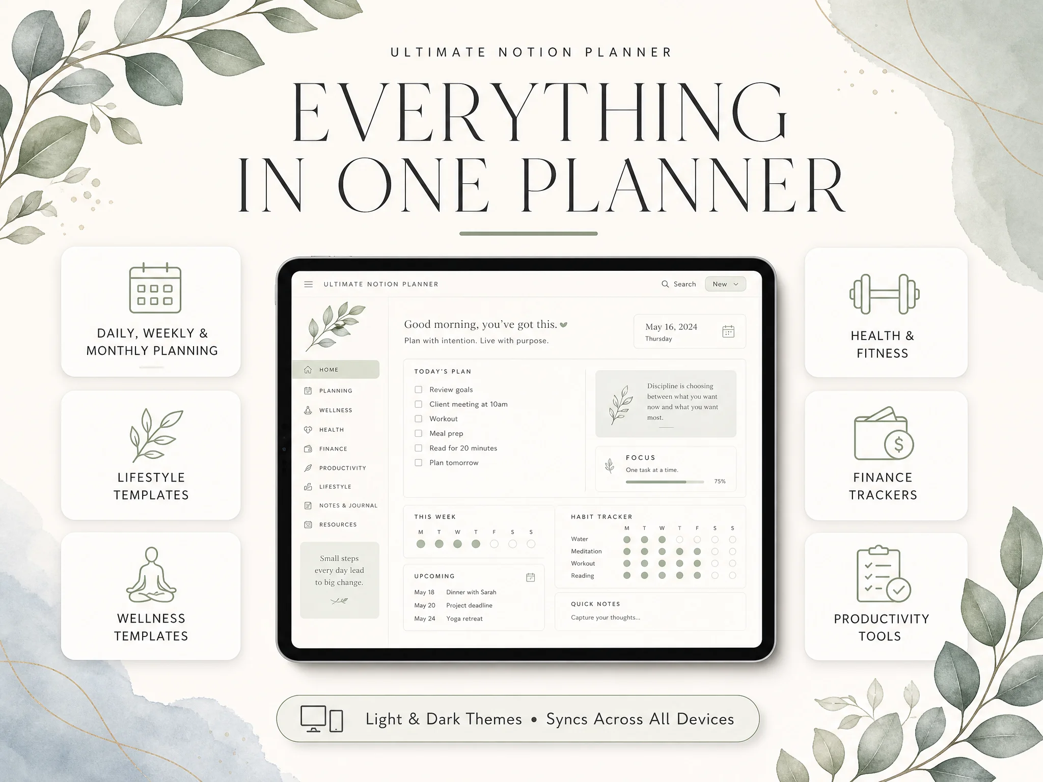 Overview of the Ultimate Notion Planner pages and sections, including the planner hub and trackers