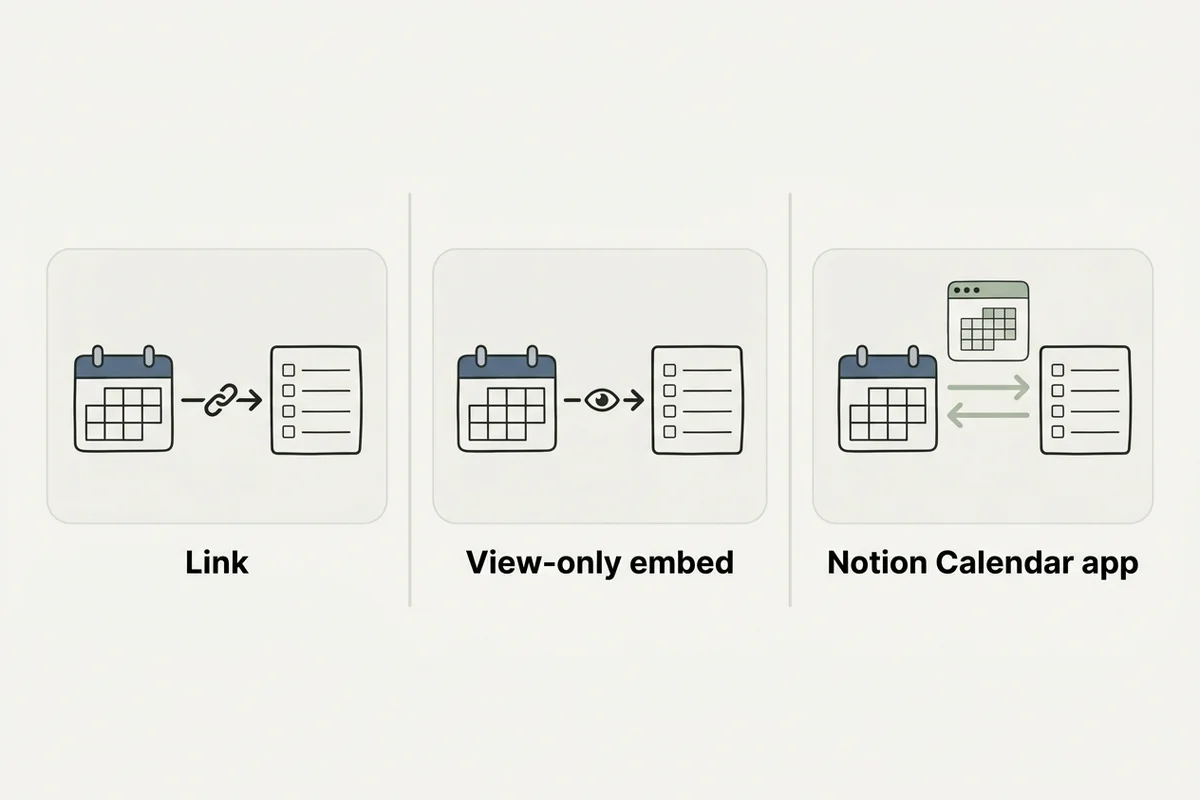 Three ways to connect Google Calendar to a Notion planner: a link, a view-only embed and the Notion Calendar app