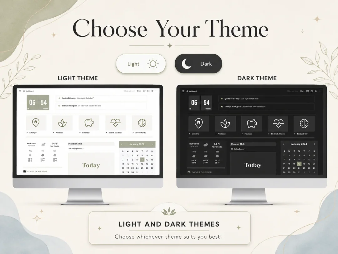 The Ultimate Notion Planner dashboard in light and dark themes