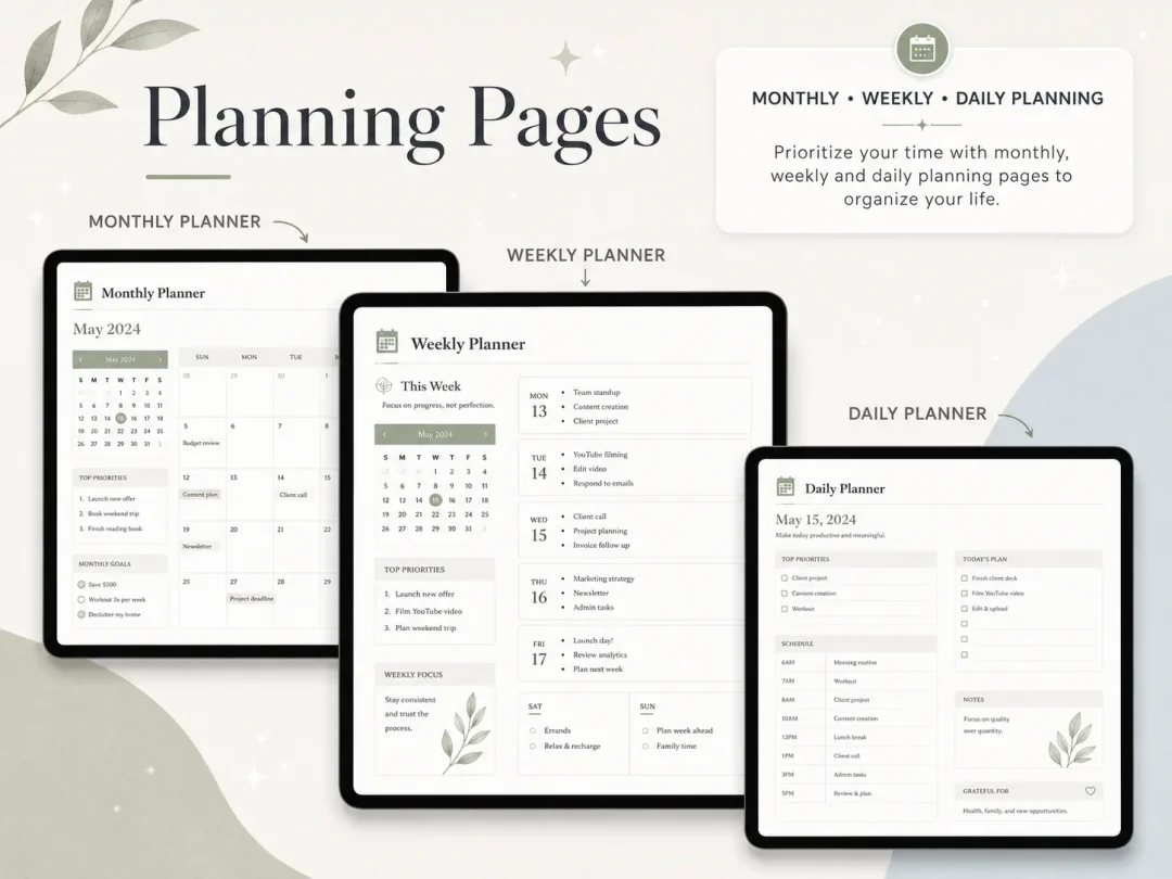 Monthly, weekly and daily planning pages in the Ultimate Notion Planner, all reading from one calendar (sample data)