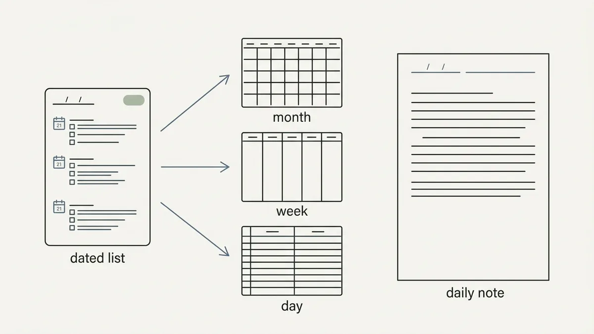 Notion and Obsidian compared for planning a week: a dated list shown as month, week and day versus a daily note you type into